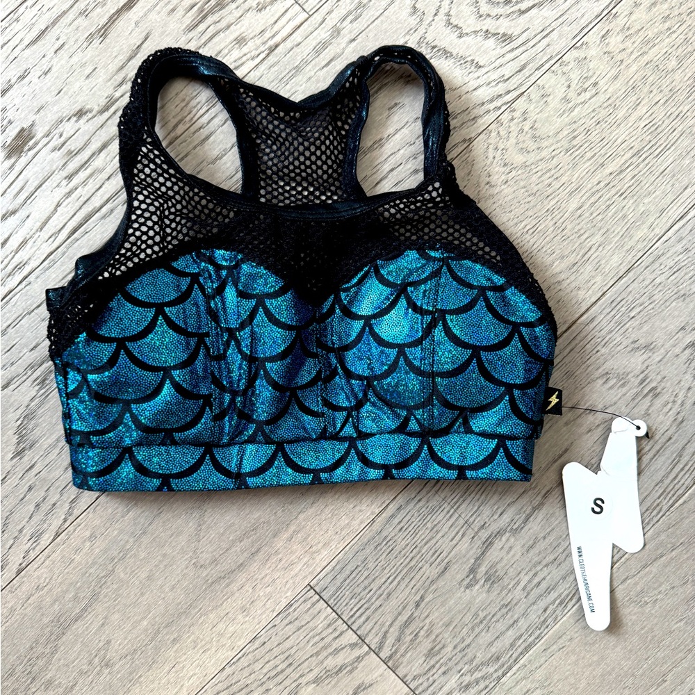 Blue mermaid metallic net sports bra